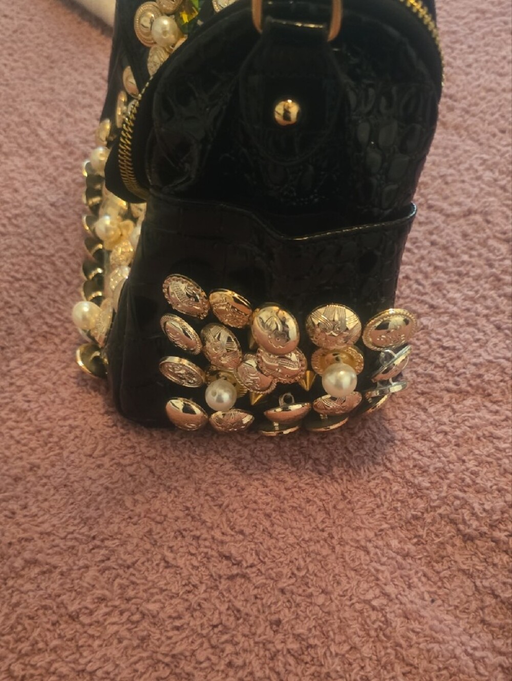 Embellished Black Crossbody Bag with Gold Accents - Picture 2 of 8